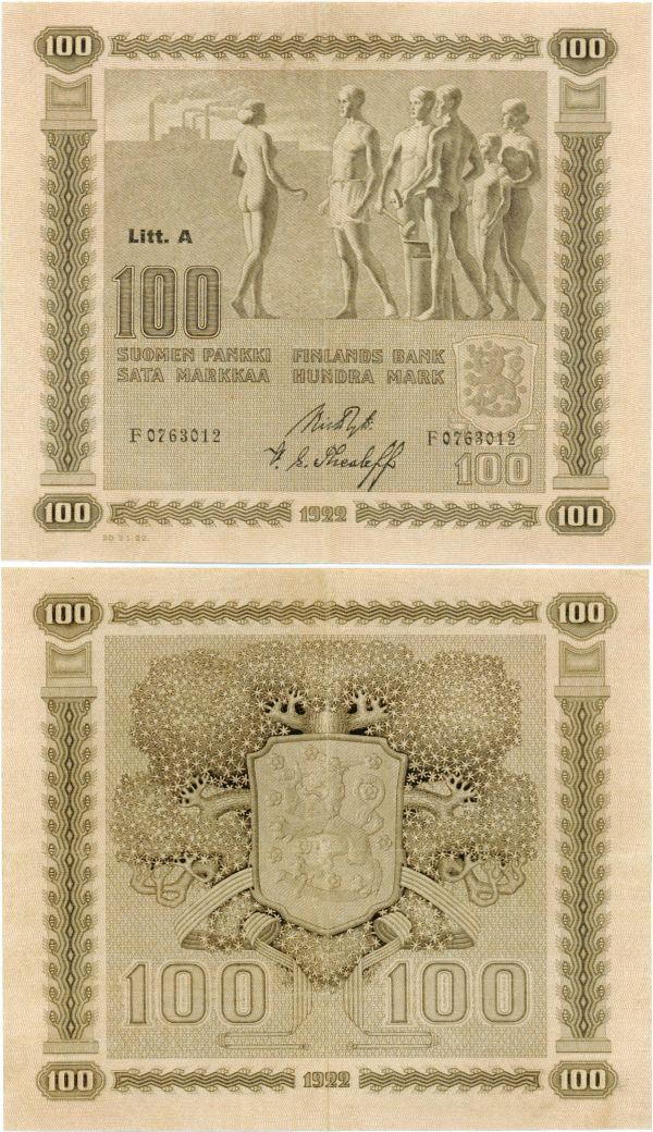 100 Markkaa 1922 Litt.A F0763012 kl.6